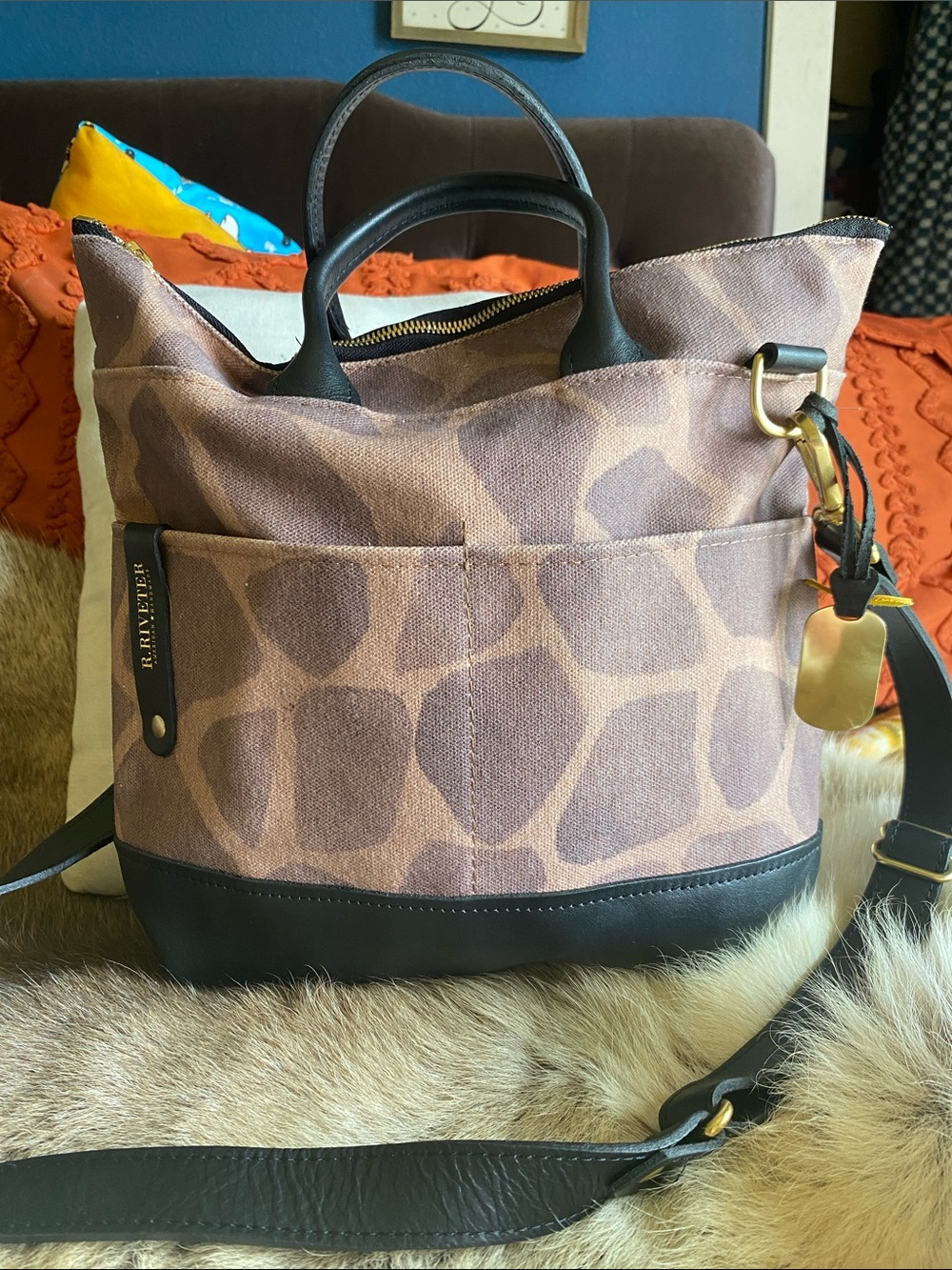 R.Riveter giraffe Patterned Tote with Black Trim